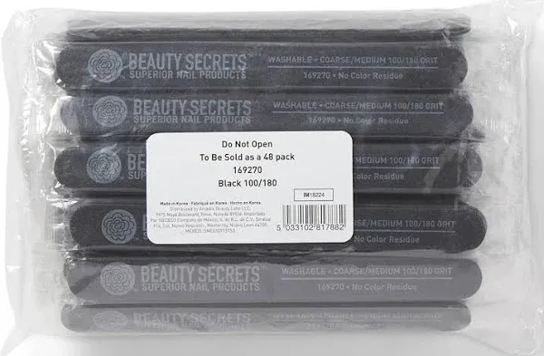 Beauty Secrets Cushion Nail File Medium Coarse 180/100 Black 48 Count