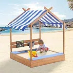 Kids Large Wooden SandBoxes with Roof, Pipleo Outdoor Sand Box Play w/Canopy for Backyard Garden Beach, Sand Pit for Beach Patio Outdoor, [Adjustable Cover & Sand Funnel & Drawing Board] - Brown Oak