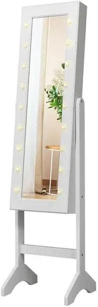 White Mirrored Standing Jewelry Armoire Cabinet with LED Lights