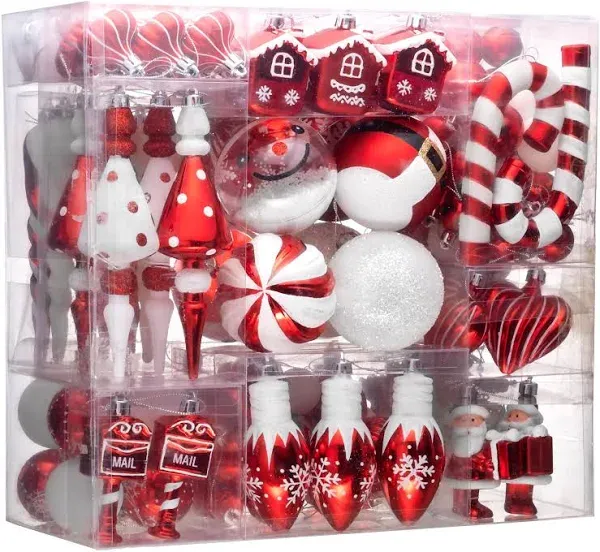  Christmas Tree Ornaments Set, 155ct Red and White Shatterproof Christmas Tree 