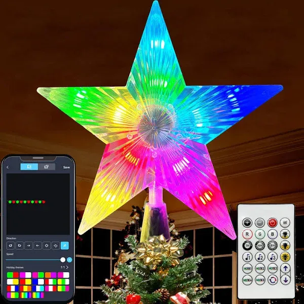 Smart Christmas Tree Topper Star w/Remote & APP, 7.6" DIY Color Changing RGB LED Lighted Tree Top Star, Music Sync, Schedule, Holiday Themes, Multicolor Treetop Light for Xmas Trees Gifts Decorations