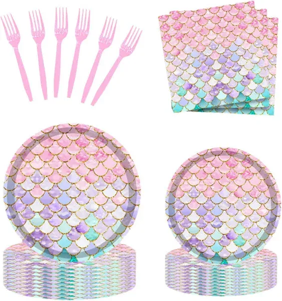 96 Pcs Mermaid Birthday Party Supplies Plates and Napkins Set for 24 Guests L...