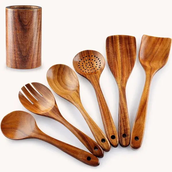 Zulay Kitchen Natural Teak Wooden Utensils for Cooking