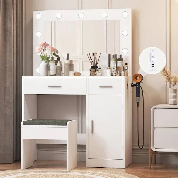 Vanity Desk with Mirror, Light, Large Drawer, Three Level Storage Dresser, 3 Lighting Modes,