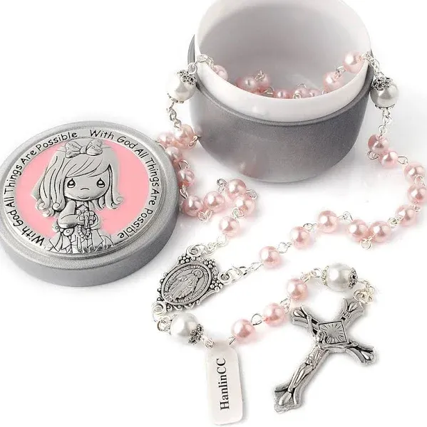 First Communion Rosary Necklace Pearl Miraculous Rosary with Gift Box for Girls