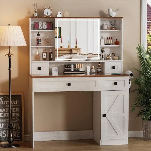 Farmhouse Vanity Desk with Sliding Lighted Mirror, Glass