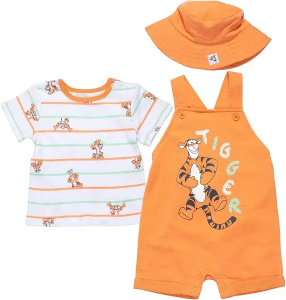 Disney Tigger Winnie the Pooh Baby French Terry Short Overalls T-Shirt and Hat 3 Piece Outfit Set Newborn to Infant