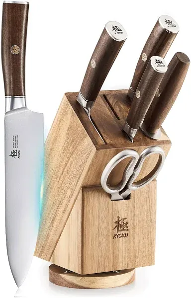 KYOKU Kitchen Knife Set with Block, Japanese 440C Stainless Steel 7pc Knife Block Set, Daimyo Series Knife Block with Knives for Kitchen, Professional Chef Knife Set with Rotating Block Tablet Holder