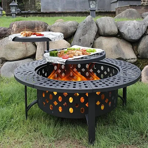 36&#034; Fire Pit 2 Grills Outdoor Wood-burning Fire Pit Poker with Cover Round Water