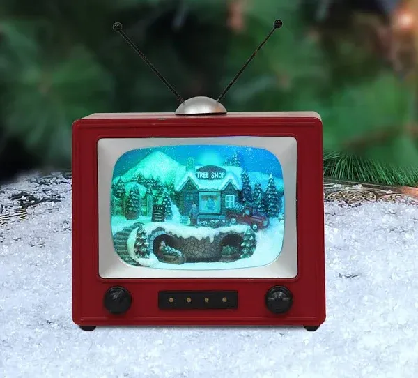 MOMENTS IN TIME 6" H Red Retro TV with Mountain Scene (Animated Train) - LED Lights - 8 Classic Carols Christmas Music - Battery Operated - Hand-Painted Resin Polyresin Injection Plastic