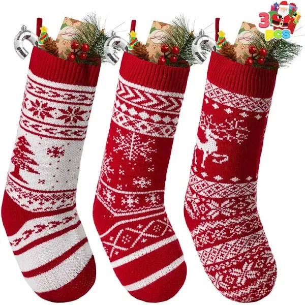 White/Red Knitted Stocking with Red Christmas Tree & Snowflakes 18"