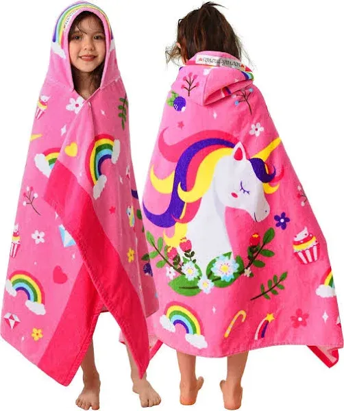 VOOVA & MOVAS Hooded Towels for Kids 3-10 Years, Soft Thick Cotton | Absorbent Beach, Bath, Pool Swim Towels | Cover up for Girls | Pink Floral Unicorn