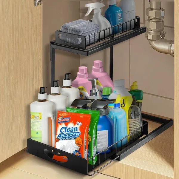 Under Sink Organizer, Adjustable Height, 2 Tier Pull Out Cabinet 2 Pack Black