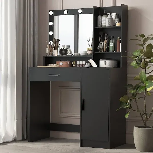 Vanity Desk with Mirror, Light, Large Drawer, Three Level Storage Dresser, 3 Lighting Modes,