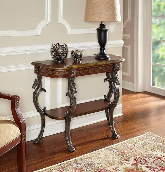 Powell Furniture Masterpiece Floral Demilune Powell Console Table, Brown and Gold 42 x 31.5 x 15.5