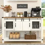 Yojfotoou Farmhouse Coffee Bar Cabinet with 2 Sliding Barn Doors, Modern Buffet Sideboard Cabinet with Open Shelf, White