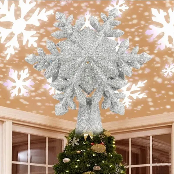 Christmas Tree Topper with LED 3D Star Snowflake Projector