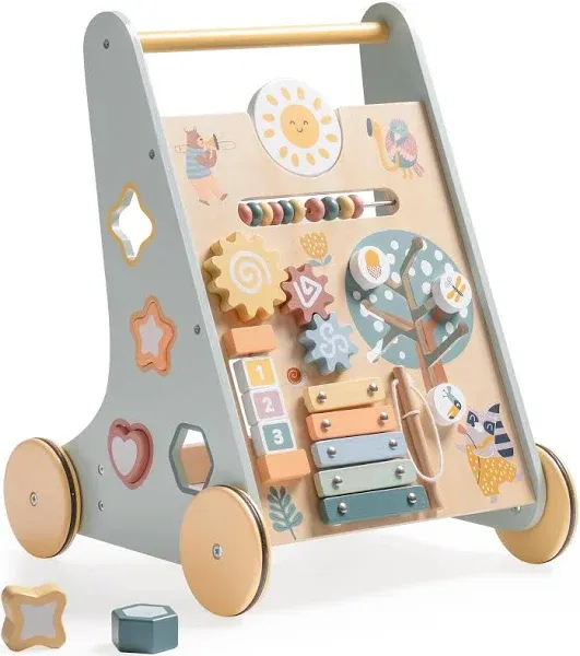 ROBUD Wooden Baby Push Walker with Activity Center and Storage