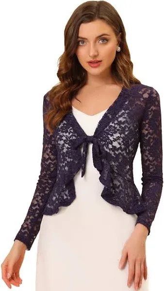 Allegra K Women's Tie Front Ruffled Hem Floral Lace Sheer Shrug Cropped Cardigan