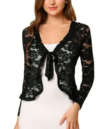 Allegra K Women's Tie Front Ruffled Hem Floral Lace Sheer Shrug Cropped Cardigan