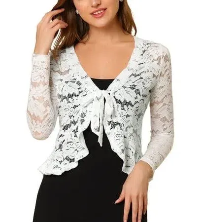 Allegra K Women's Tie Front Ruffled Hem Floral Lace Sheer Shrug Cropped Cardigan