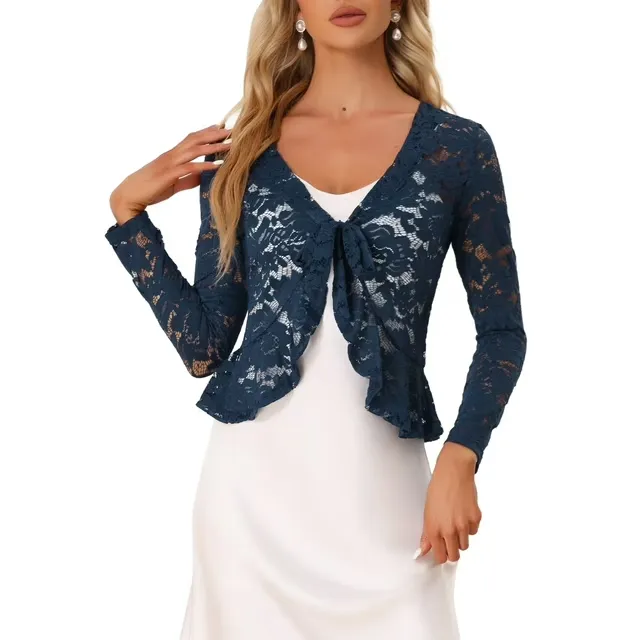 Allegra K Women's Tie Front Ruffled Hem Floral Lace Sheer Shrug Cropped Cardigan