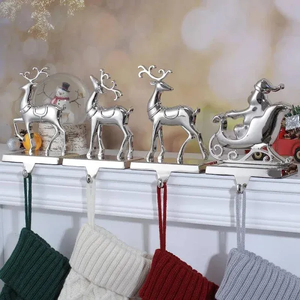 Set of 4 Reindeer Christmas Stocking Holders for Mantel, Deer and Santa Stocking Hangers for Fireplace,Christmas Hanger for Stocking,Metal Stocking