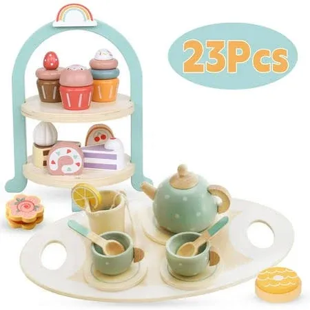 Tea Party Set for Little Girls with Cupcake Stand, Wooden Tea Set Toys for 