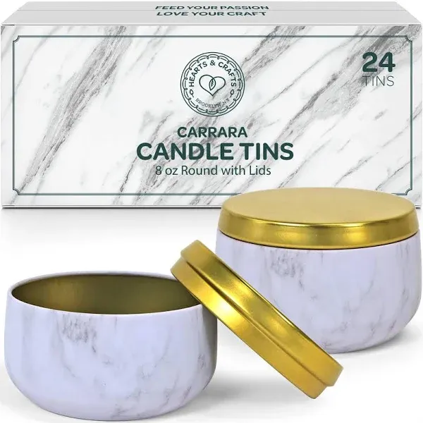 24-Pack Marble Candle Making Tins - 8 oz Round Metal Containers with Gold Lids