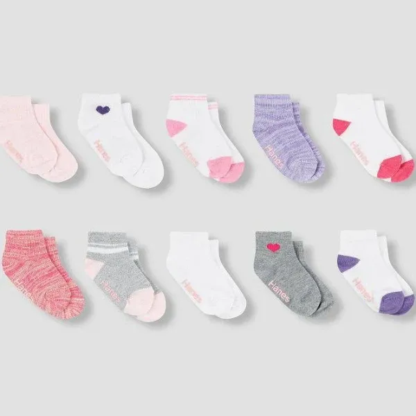 Hanes Infant/Toddler Girls' Ankle Socks, Gripper Bottoms, 10-Pairs