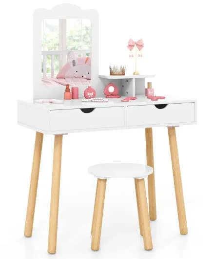 Costway - Kid Vanity Table Chair Set with Mirror & 2 Large Storage Drawers - White - Wood - Expression Desks