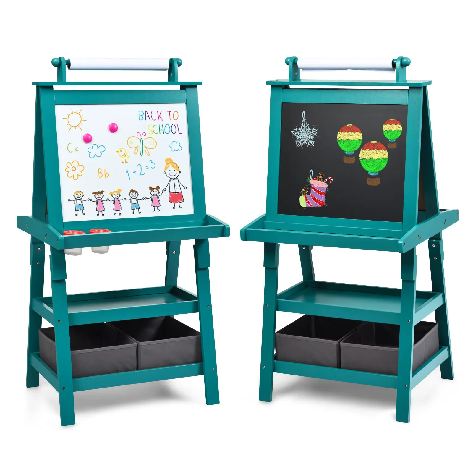 3-in-1 Children Wooden Double-Sided Art Easel Stand Drawing Board W/Storage Bins