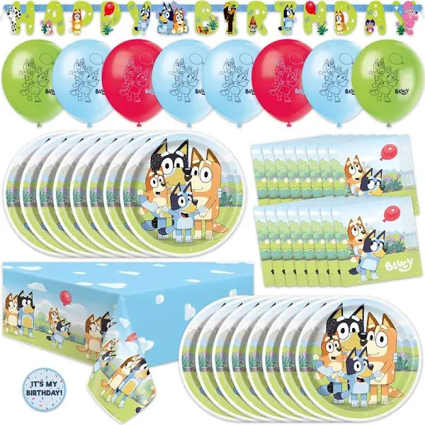 Unique Bluey Birthday Decorations and Supplies | Serves 16 Guests | Bluey Banner, Bluey Tablecloth, Bluey Balloons, Bluey Plates and Napkins, Sticker | Bluey Party Decorations | Officially Licensed