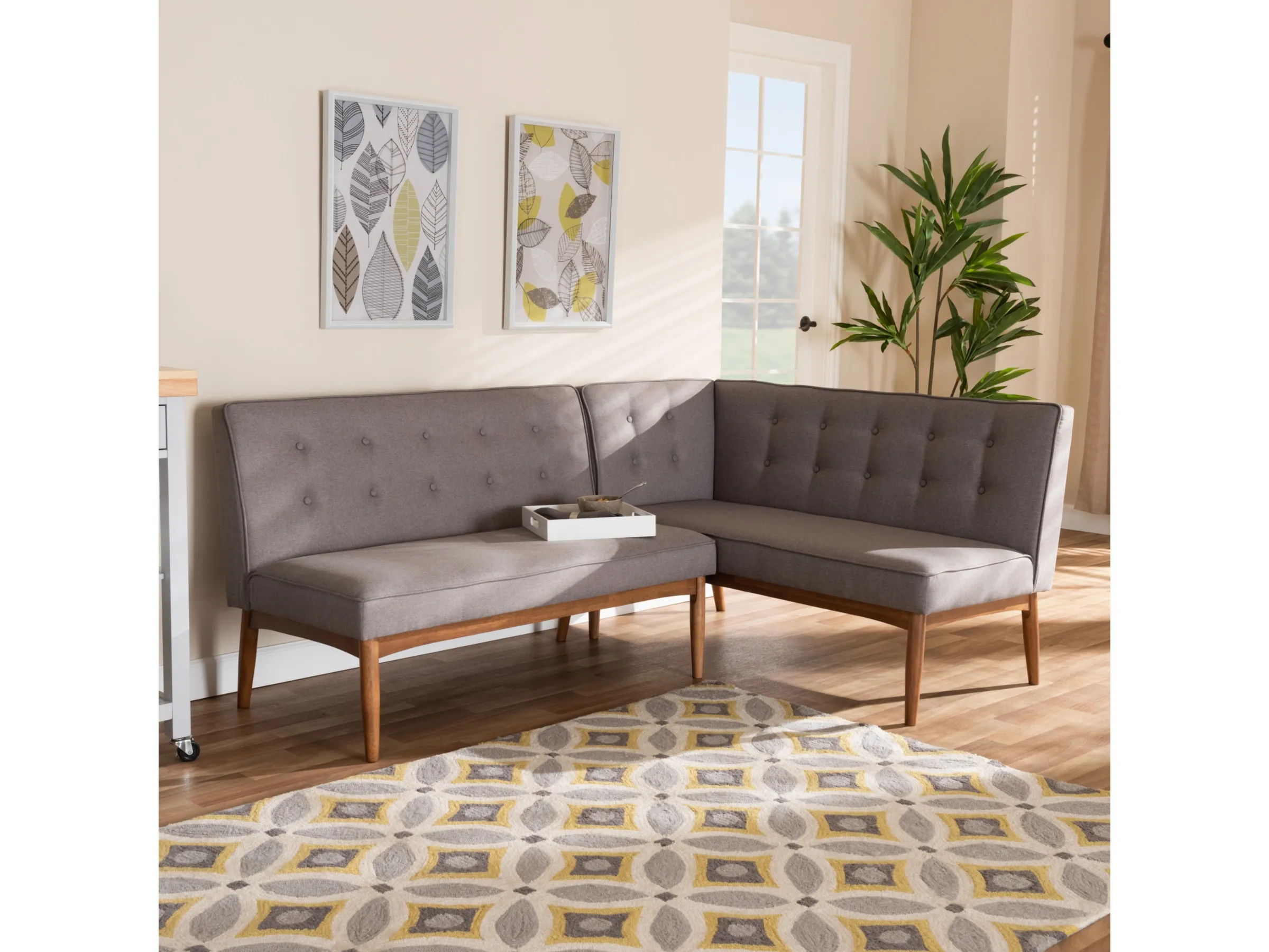 Baxton Studio Arvid Mid-Century Modern Brown Faux Leather Upholstered 2-Piece Wood Dining Corner Sofa Bench