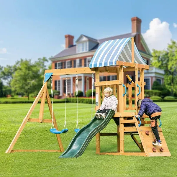  Wooden Swing Set, Wood Swing Set with Dual Swings, Slide, Rock Climbing Wall, 