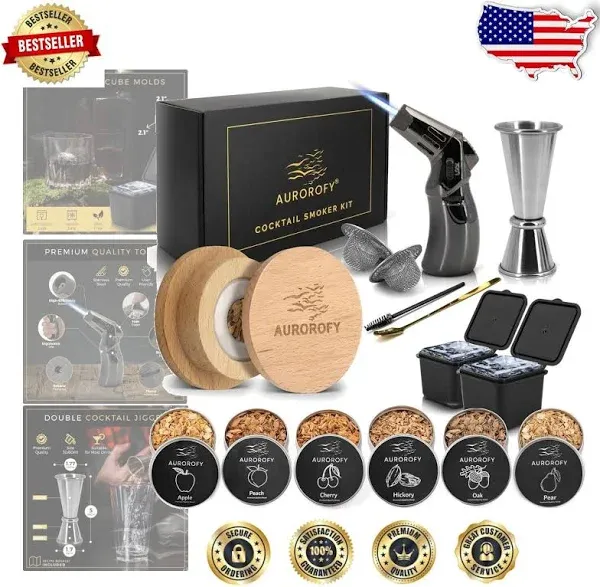 Cocktail Smoker Kit with Torch, 6 Flavors Wood Chips, Whiskey Smoker Kit, Gold