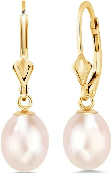 Gem Stone King 14K Yellow Gold 9MM Cultured Freshwater Pearl Dangle Earrings For Women