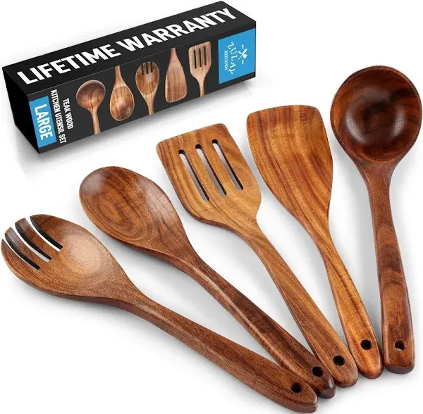 Zulay Kitchen Natural Teak Wooden Utensils for Cooking