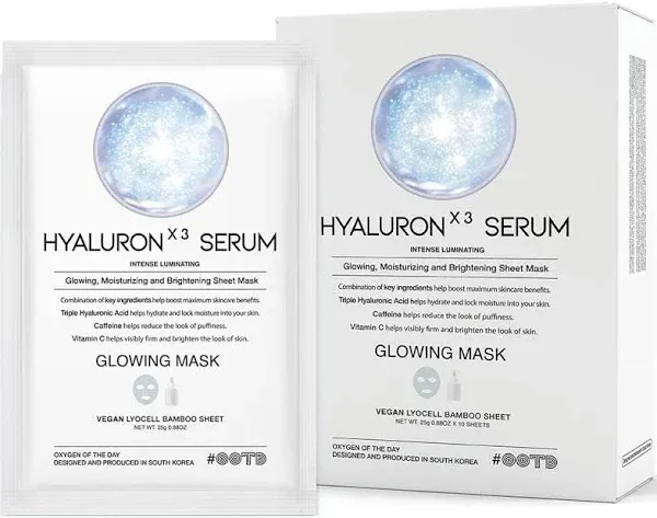 Triple Hyaluron Hydrating Mask for Dry and Sensitive Skin, Anti Aging, Tightening and Moisturizing, Korean Vegan Beauty, Hyaluronic Acid, Caffeine, Vitamin C 10EA