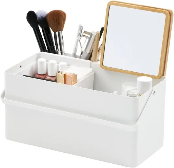 Yamazaki Home - Makeup Organizer with Mirror - Steel + Wood - White