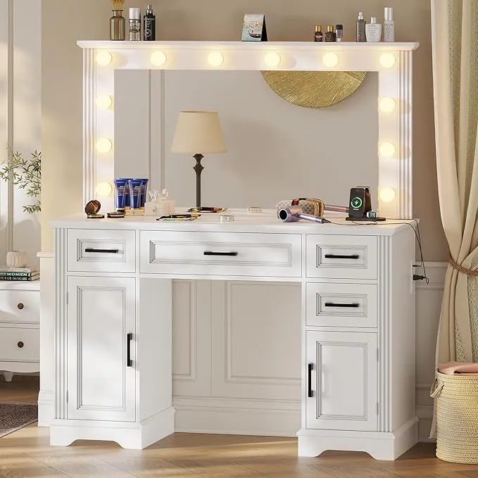 Large Vanity Desk with Oversized Mirror & Hollywood Lights, Makeup Vanity with Charging Station, Modern Makeup Desk with 4 Drawers & 2 Storage Cabinets, White