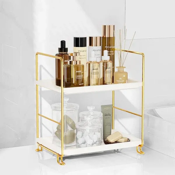 Stainless Steel 2-Tier Bathroom Counter Organizer - Modern Gold Vanity Tray