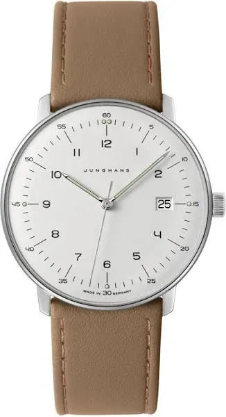 Junghans Max Bill Quartz Analog Watch for Men, 38mm Stainless Steel Case, Calfskin Leather Strap, Water Resistant 30M – White/Tan