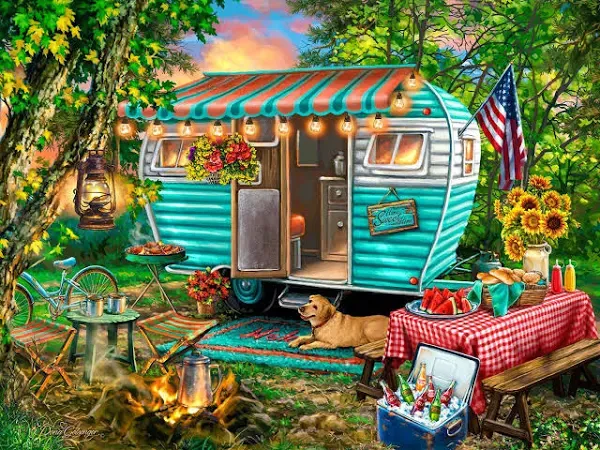 Springbok Home Sweet Home 500 Piece Jigsaw Puzzle - This Colorful Illustration of a Vintage Camper is Ideal for Camping Enthusiasts