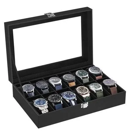 12-Slot Watch Case with Large Glass Lid, Removable Watch Pillows