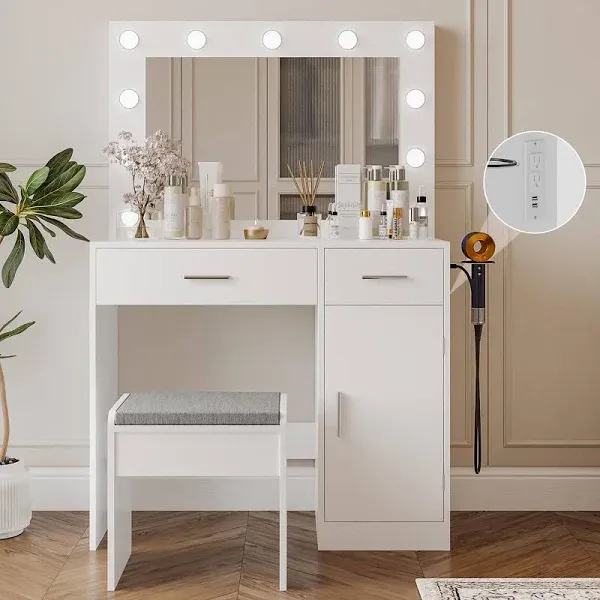 Viaozutis Vanity, Vanity Desk with Mirror, Large Drawer and Power Socket with 11 Light Bulbs and 3 Adjustable Lighting Modes