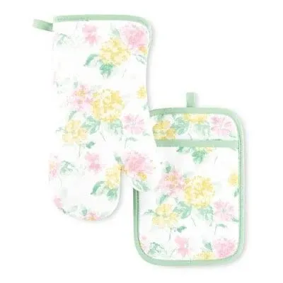 Amber Floral Oven Mitt &amp; Pot Holder Set 2-Pack, Pink/Yellow, OM: 7&#034;x13&#034; &amp; PH:...