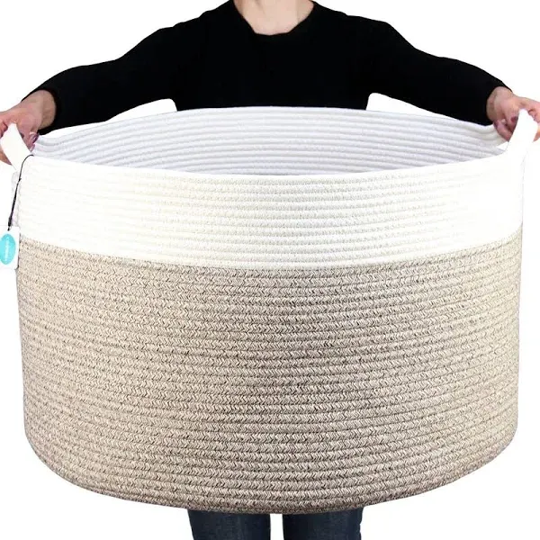 INDRESSME Woven Rope Basket with Handle, XXXLarge, Cotton (21.7" x 21.7" x 13.8") Laundry Hamper For Baby Laundry, Blanket, Toy, Storage Comforter Cushions, Gray