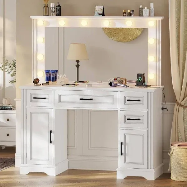 BTHFST Oversized Mirror Vanity Table with Hollywood Lights and Charging Station