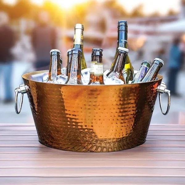 BREKX Rose Copper Finish Anchored Double Walled Hammered Steel Beverage Tub